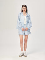 ikyou Upf50+ Breathable Nylon Ruffle Zip Commuter Relaxed Fit Women Top & Shorts Sets