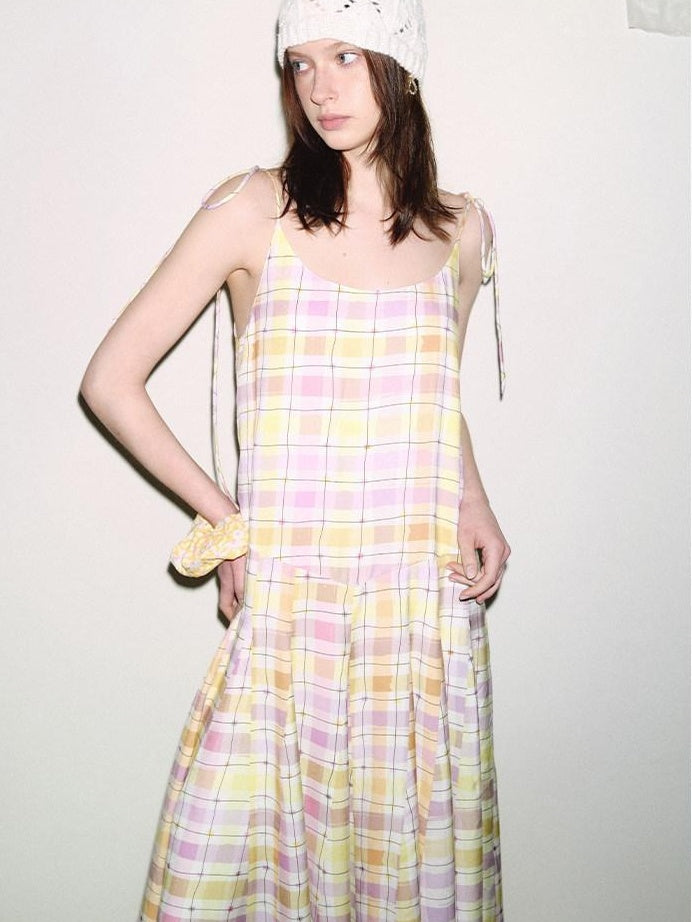 fano Viscose Printed Purple Yellow Check A Line Camisole Korean Commuter Maxi Dresses