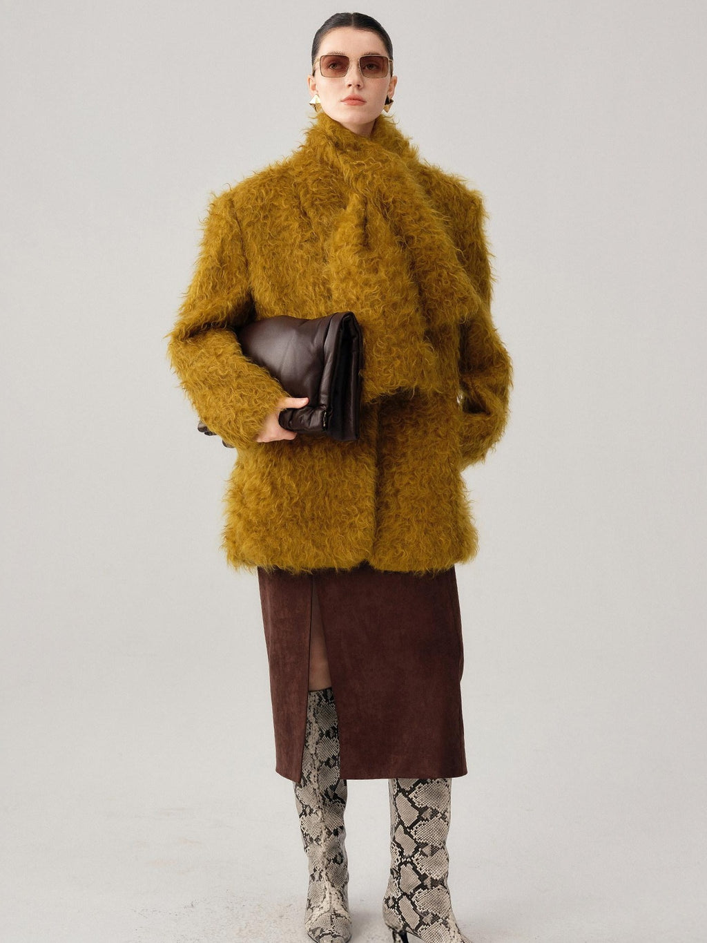 audreyyang Thick Mohair Blend Commuter V-neck For Women Solid Mustard And Grape Wool Coats