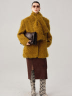 audreyyang Thick Mohair Blend Commuter V-neck For Women Solid Mustard And Grape Wool Coats