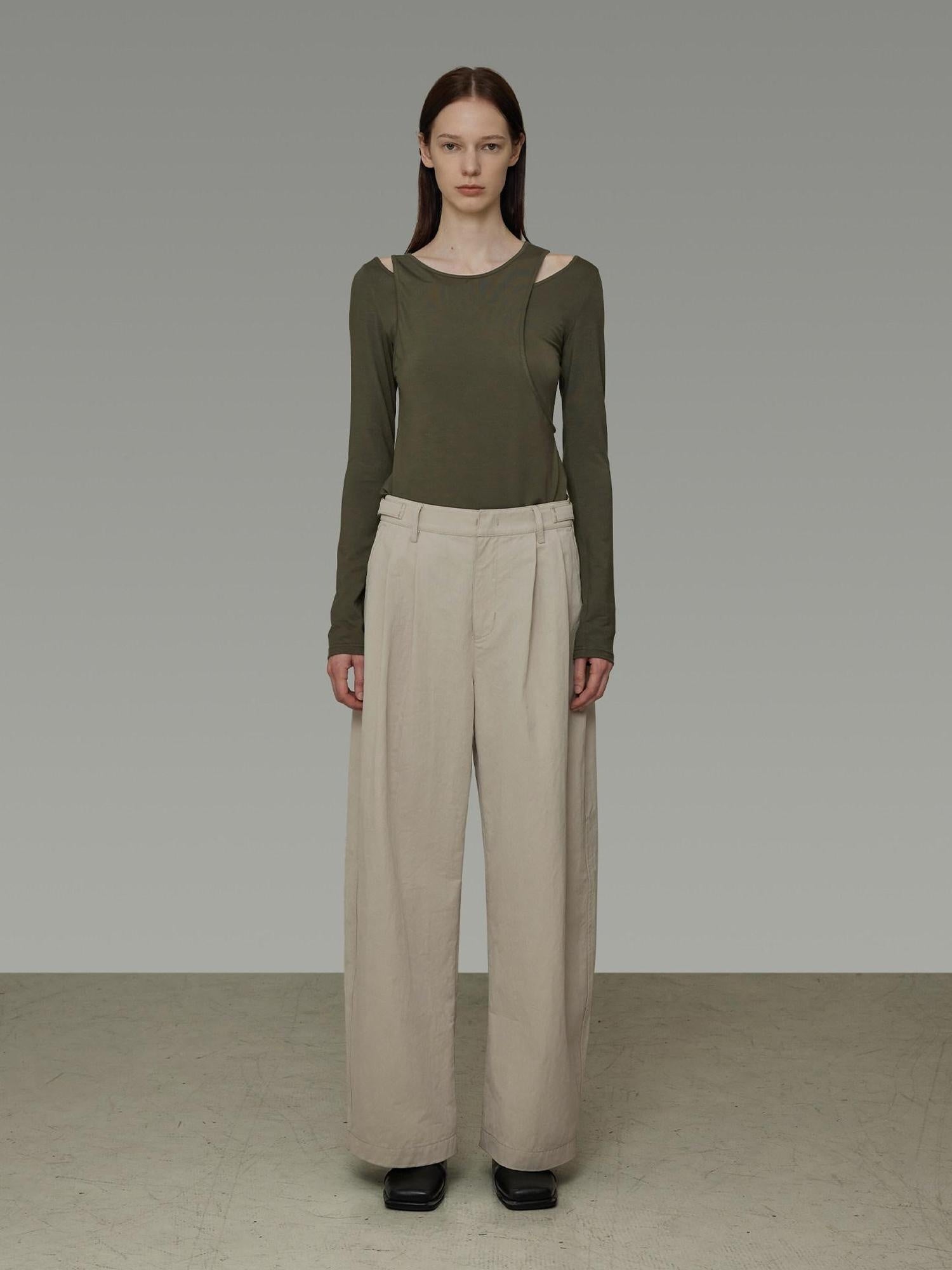 unspoken Pleated Natural Waist Minimalist Loose Women Khaki Zipper Wide Leg Pants