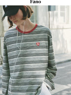 fano Moisture Wicking Casual Loose Patchwork Stripe Black Womens Long Sleeve T-Shirts