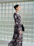audreyyang Elegant Sash Fitted Knit Long Sleeve Grey Ombre Maxi Dresses