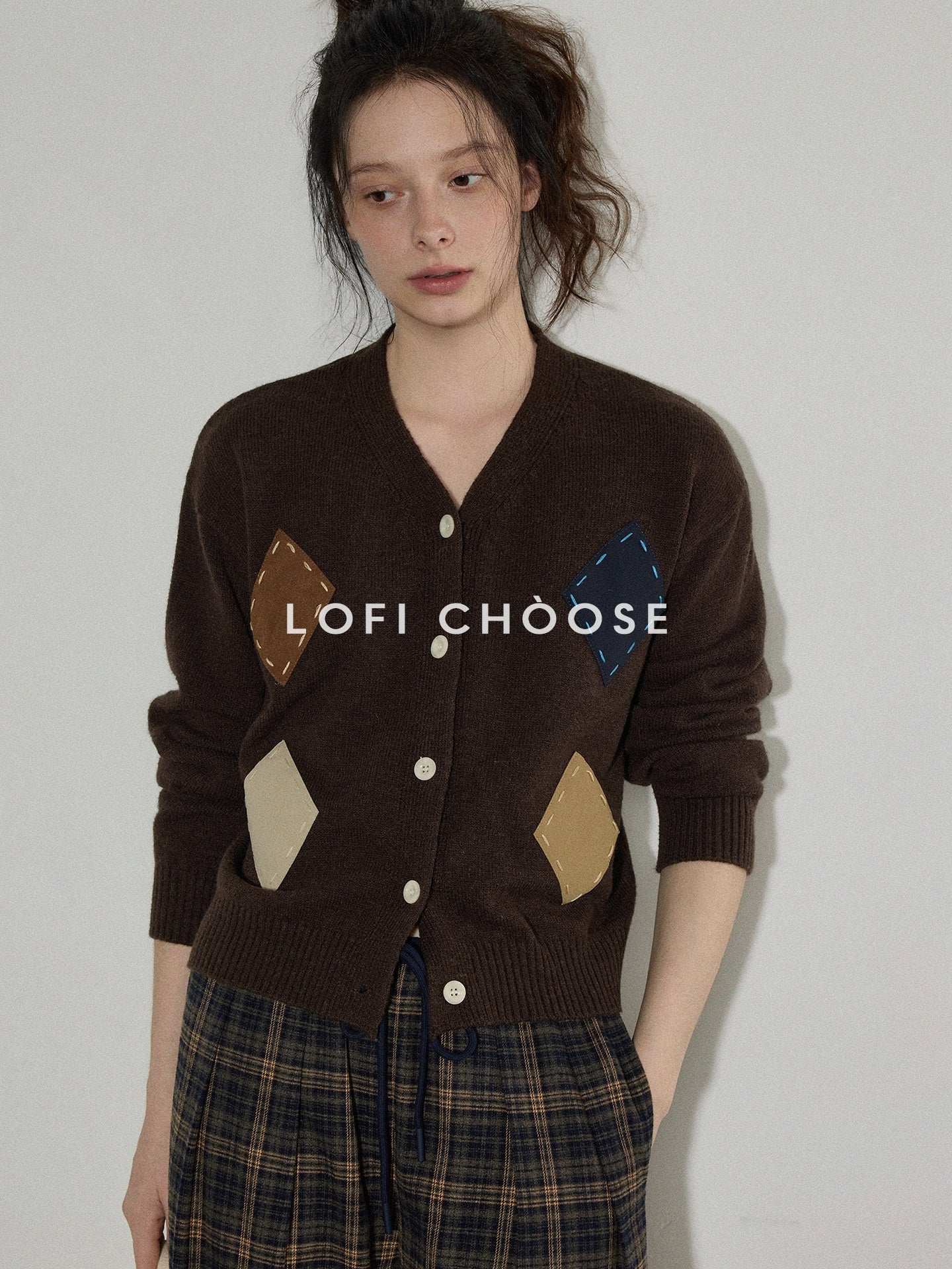 Lofi_choose_Wool_Blend_Colorblock_Loose_V-neck_Women_Workwear_Argyle_Button_Knit_Cardigans_MISSTT