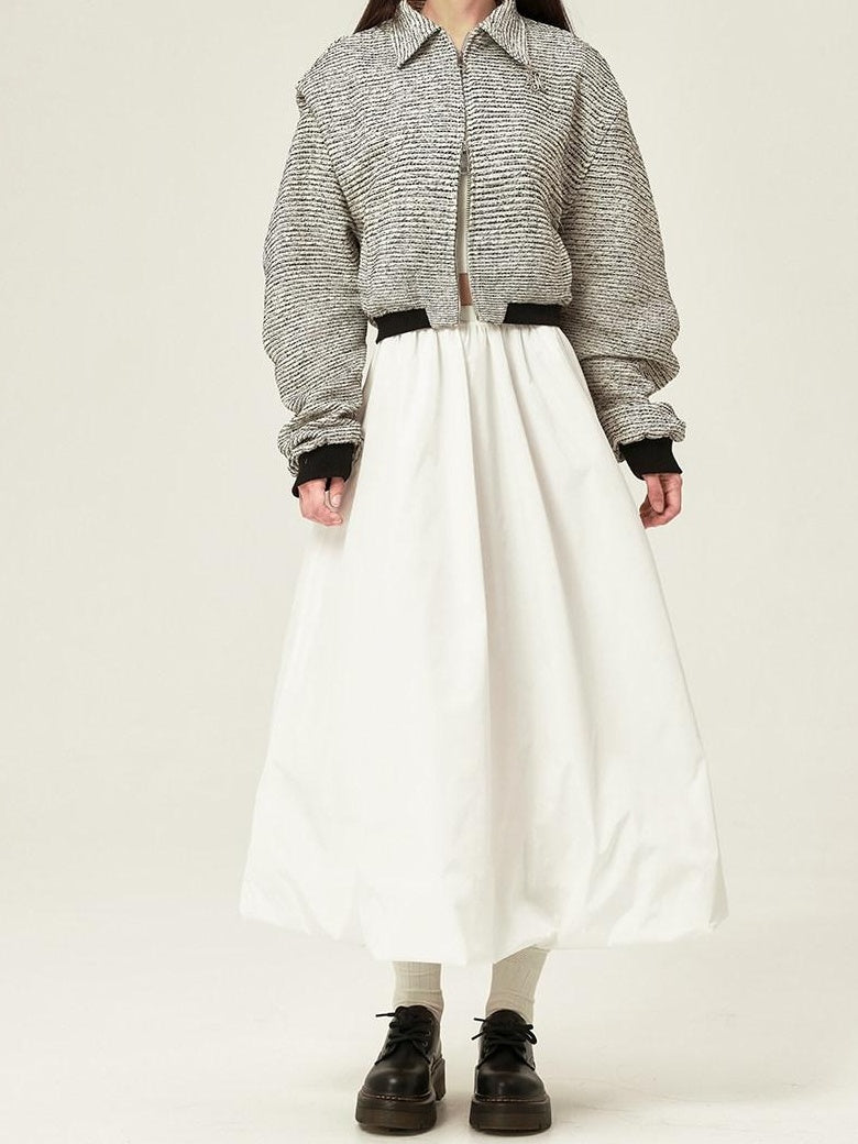 ikyou High Waist Gathered A Line Bubble Hem Office Solid White Midi Skirts