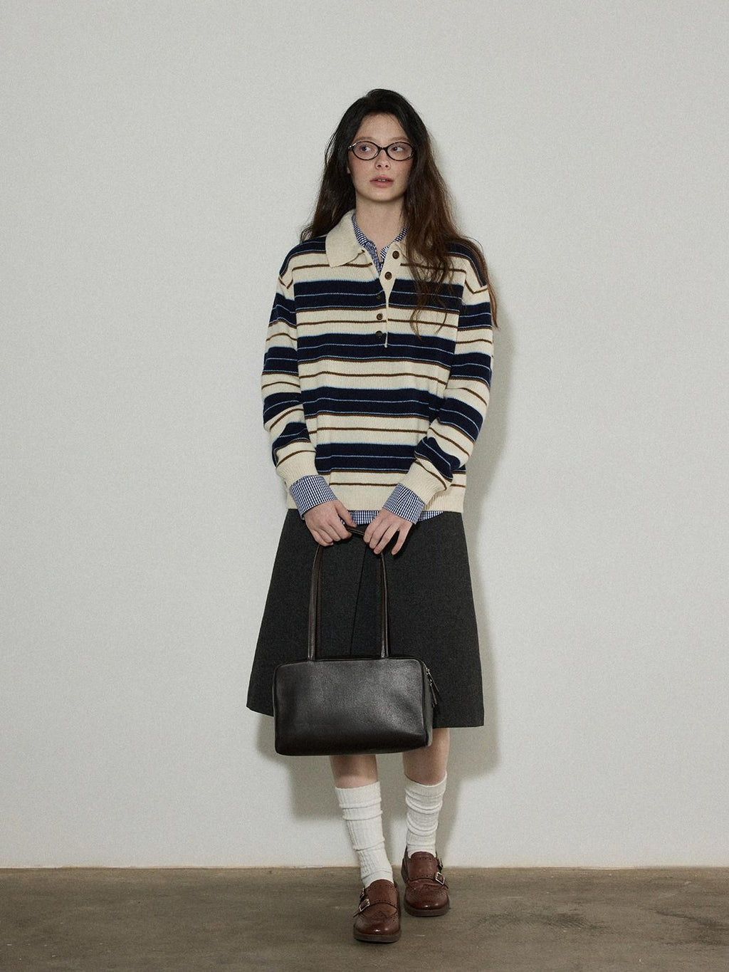 Lofi choose Contrast Polo Collar Striped Loose Office Knit Button Pullover Women Sweaters