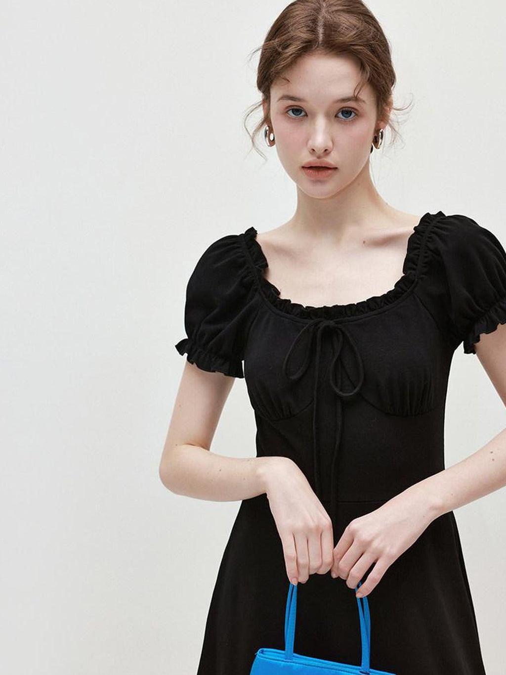 fano Structured High Waist A Line Square Neck Cotton Short Sleeve Black Maxi Dresses