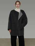 unspoken Warm Thick 3D Tailored Loose Fit Lapel Collar Commuter Women Charcoal Wool Coats