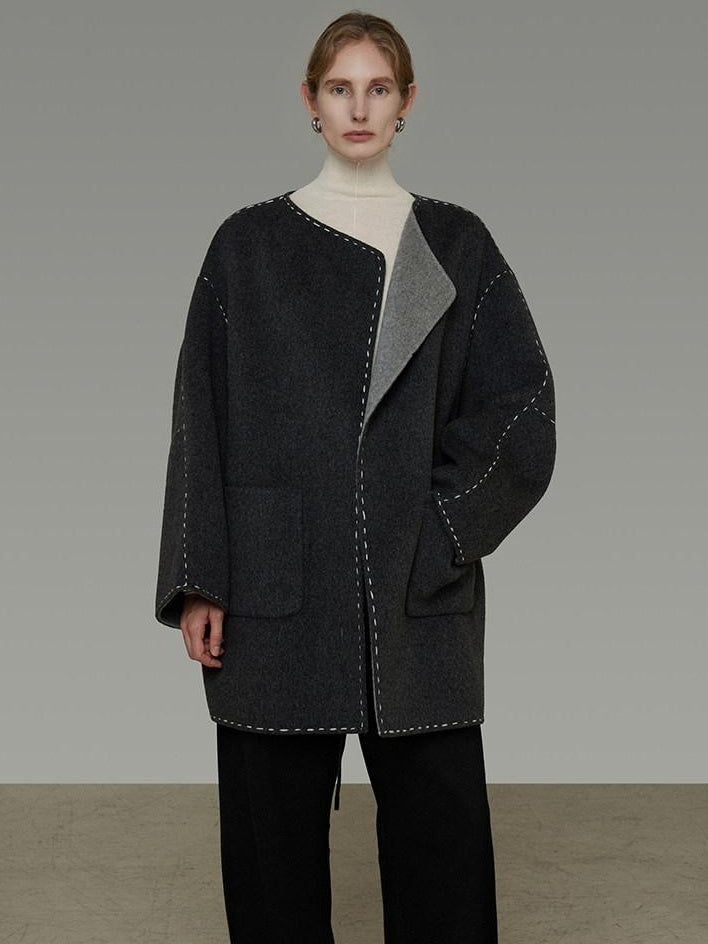 unspoken Warm Thick 3D Tailored Loose Fit Lapel Collar Commuter Women Charcoal Wool Coats