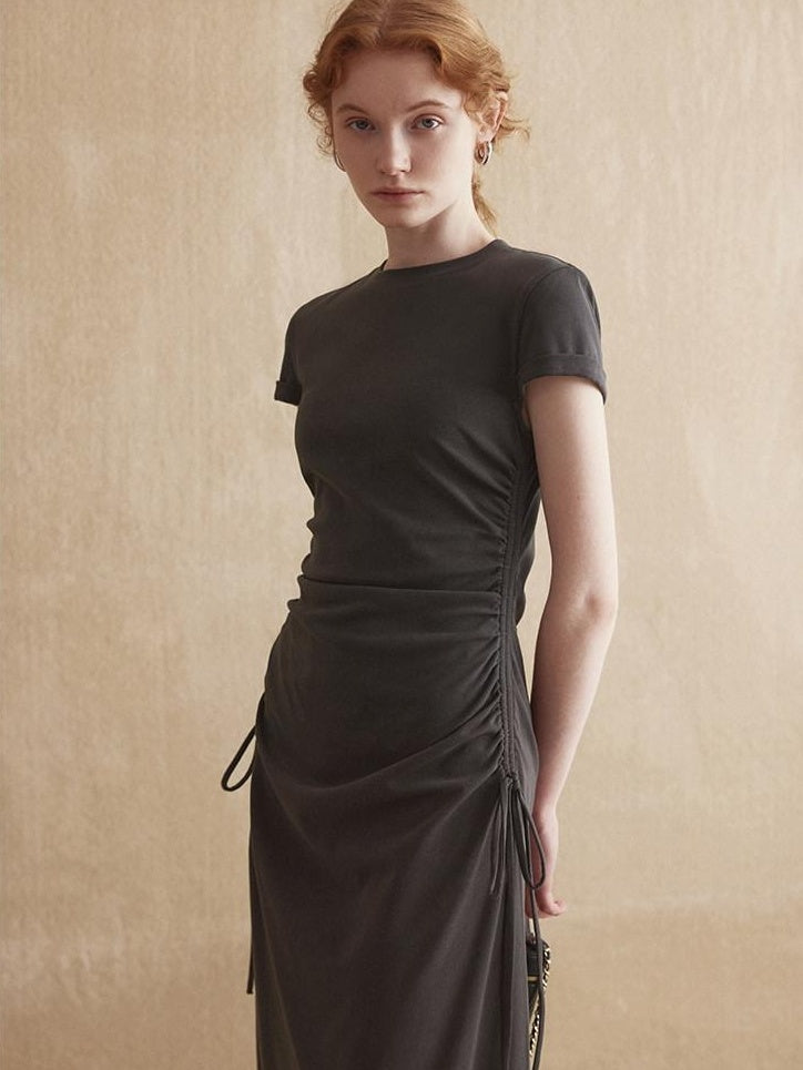 fano Soft Cotton Knit High Waist A Line Button Mock Neck Midi Dresses