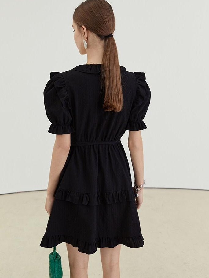 fano High Waist Tie A Line Cotton V-neck Puff Sleeves Casual Work Women Midi Dresses