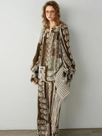audreyyang Sustainable Viscose Ramie Printed Loose V-neck Long Sleeve Women Blouses