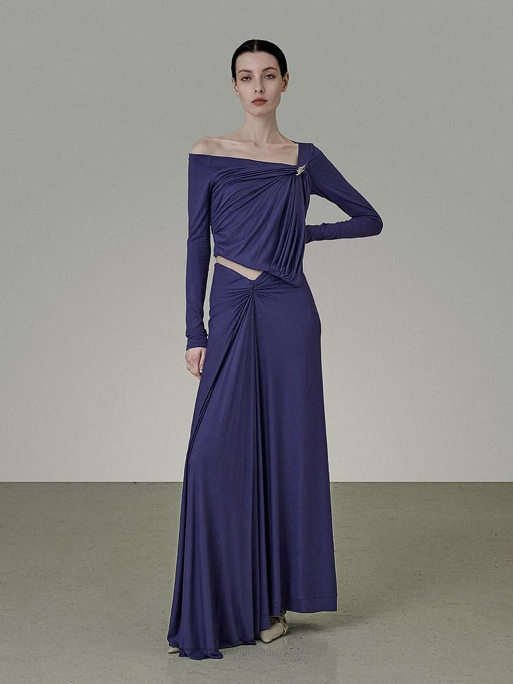 unspoken Button Slim Minimalist Office Workwear Long Sleeve Women Blue Top & Skirt Sets