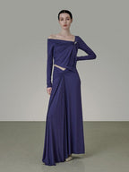 unspoken Button Slim Minimalist Office Workwear Long Sleeve Women Blue Top & Skirt Sets