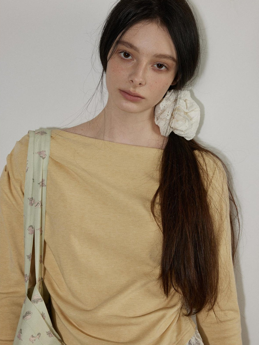 Lofi choose Cream Knit Paneled Relaxed Fit One Shoulder Women Long Sleeve T-Shirts