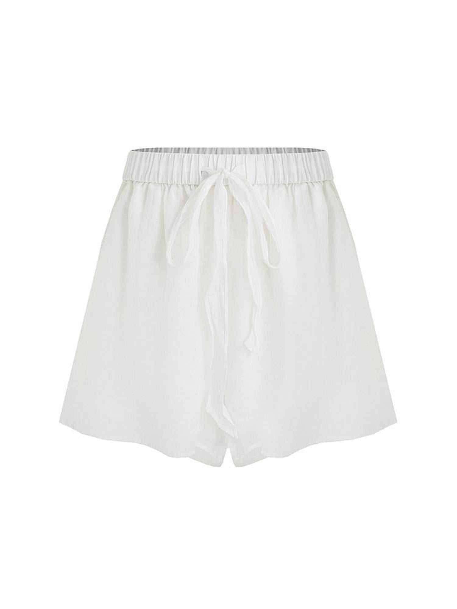 unspoken Pure Ramie Tie Waist Straight Leg Minimal Workwear Women White Mid-Length Shorts