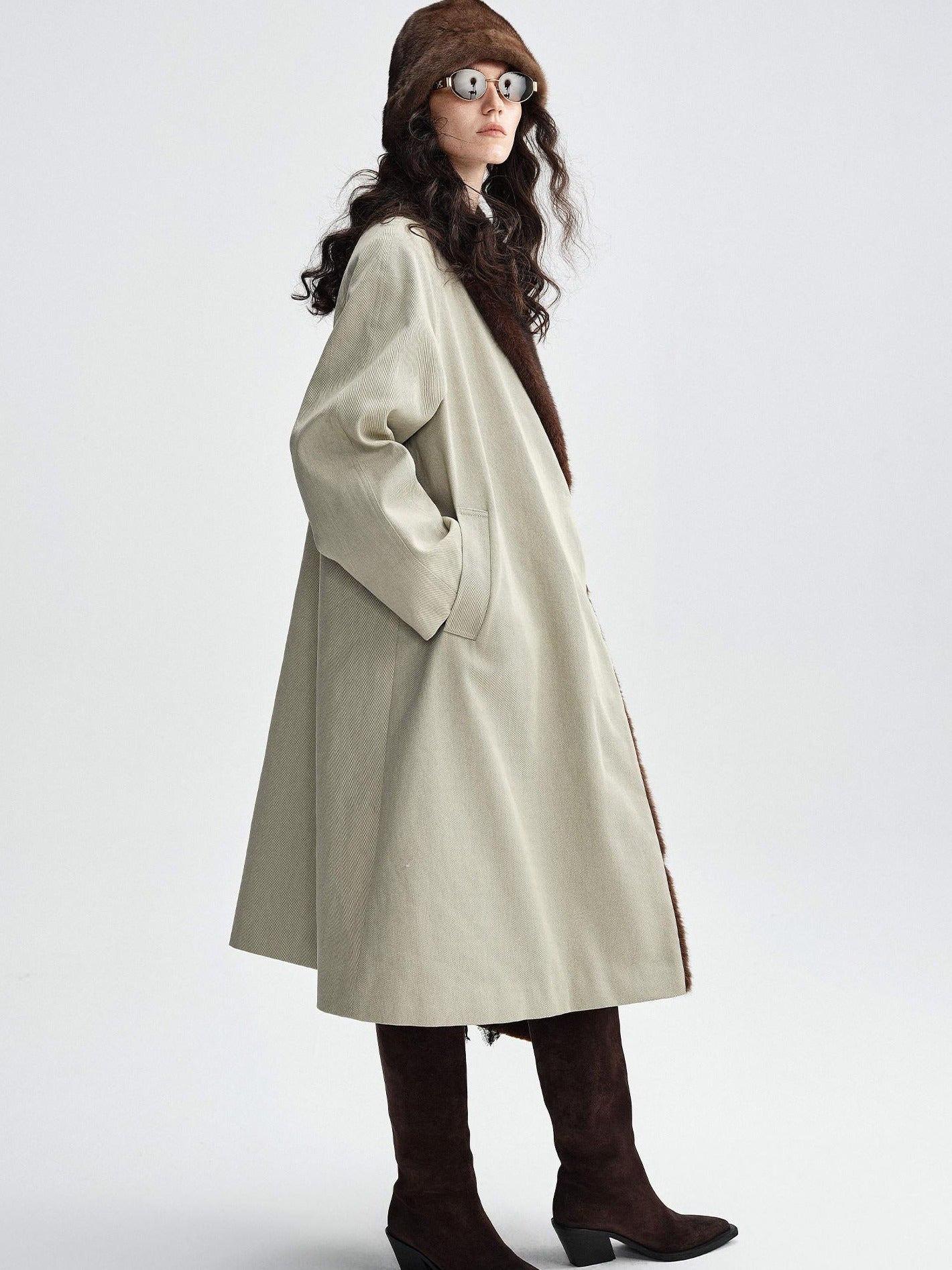 audreyyang Warm Thick Lapel Patchwork Slavic Loose Fit For Women Faux Fur Almond Long Coats