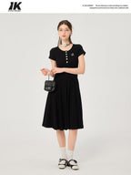 ikyou Soft Stretch Cotton Cinched Waist A Line U Neck Short Sleeve Black Maxi Dresses