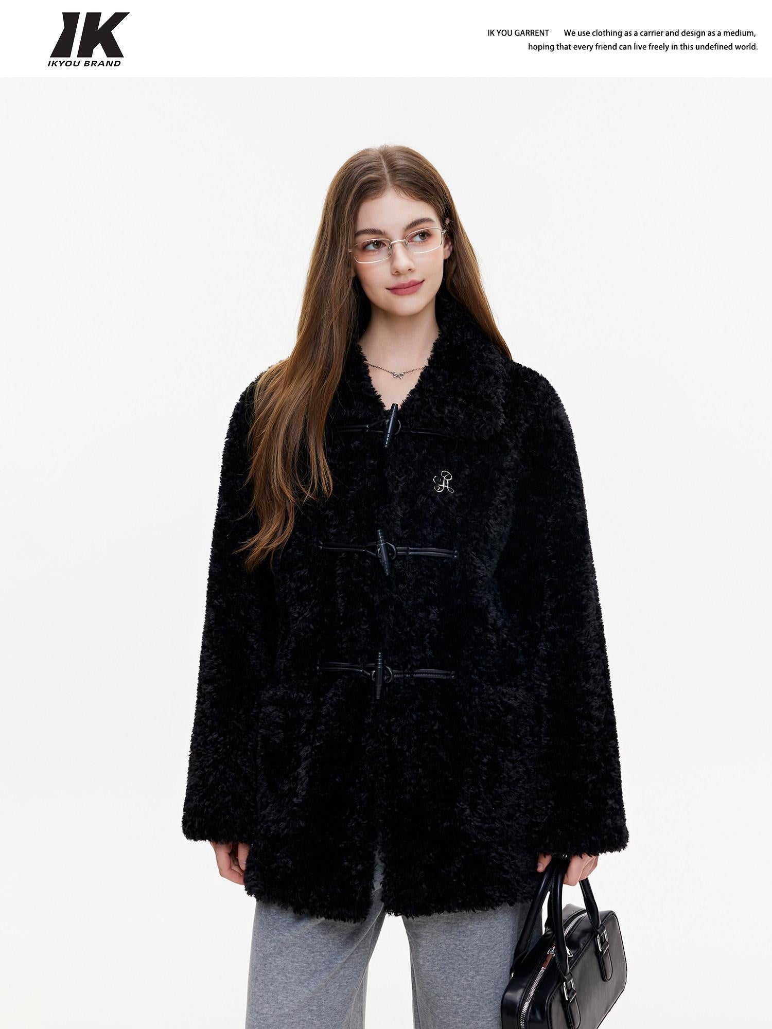ikyou Padded Non Iron Pocket Toggle Korean Oversized Women Mid Length Black Long Coats