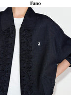 fano Vintage Black Grey Plaid Ruffle Loose Fit Viscose Zipper Women Bomber Jackets