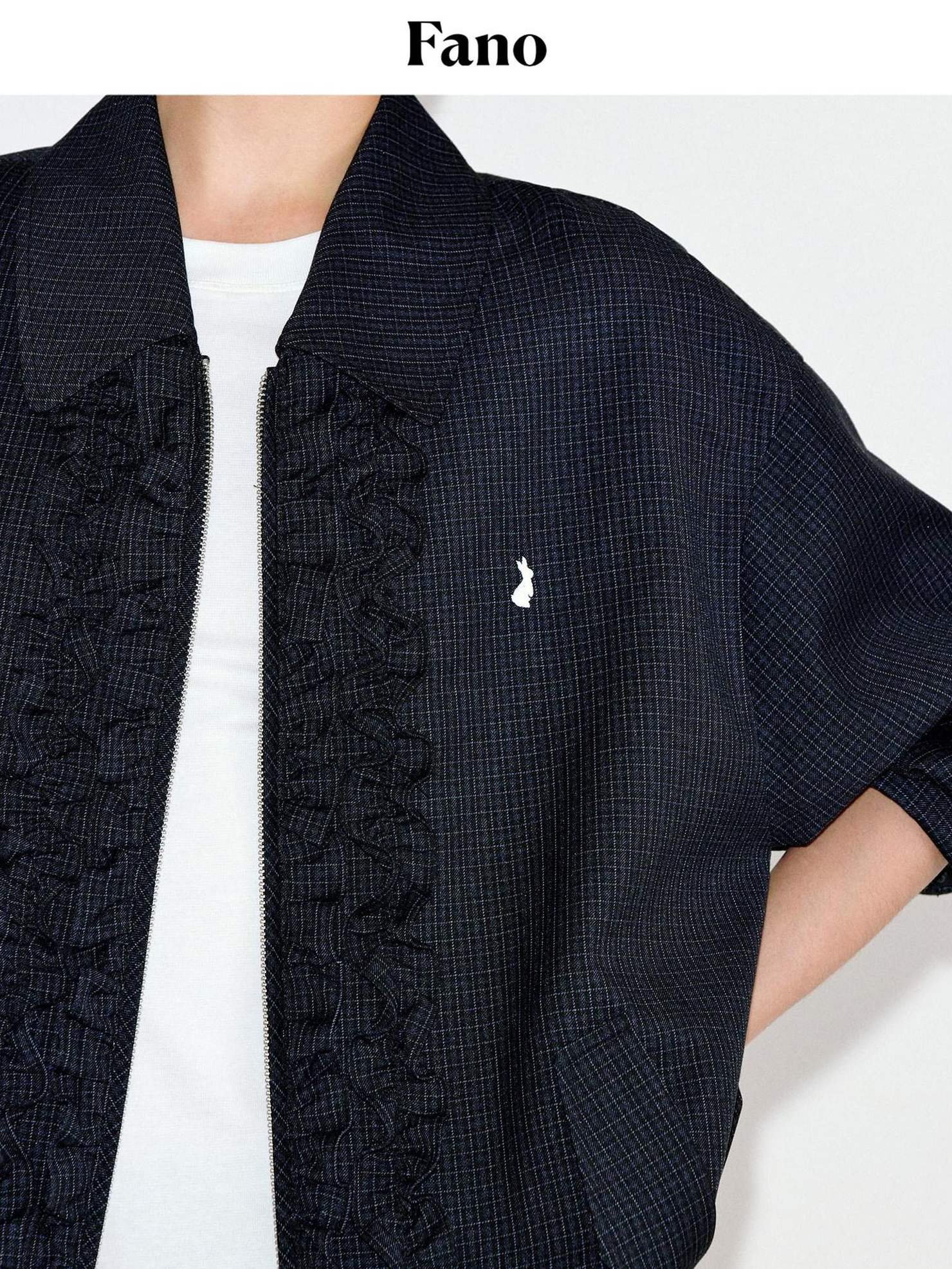 fano Vintage Black Grey Plaid Ruffle Loose Fit Viscose Zipper Women Bomber Jackets