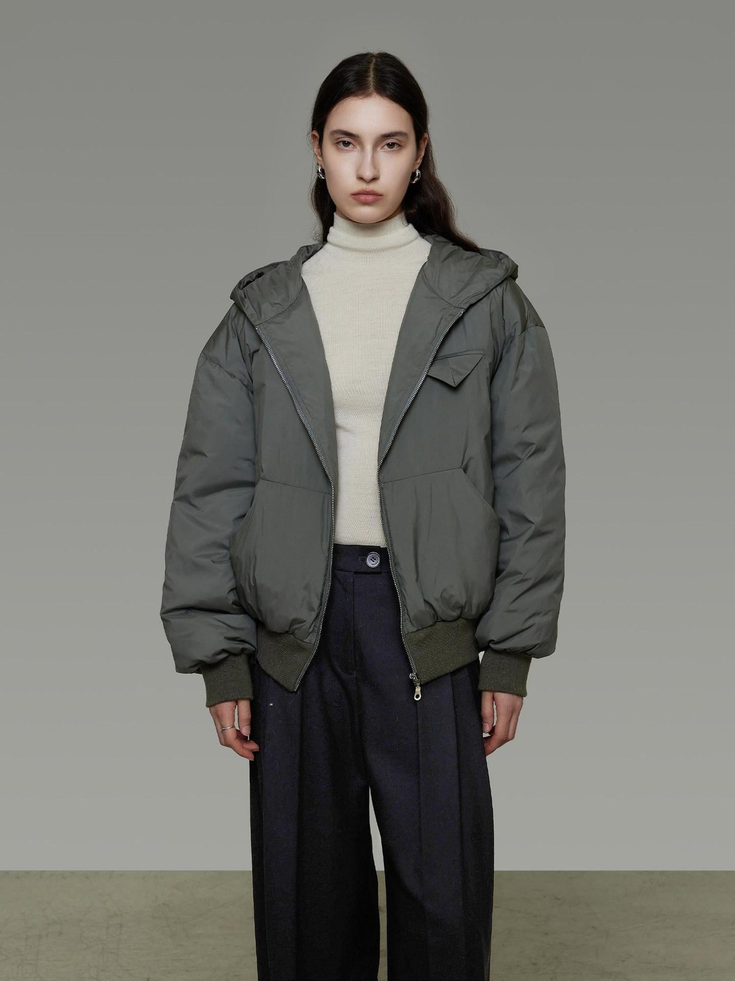 unspoken 90 White Duck Down Warm Loose Hooded Commuter Women Deep Gray Green Down Jackets