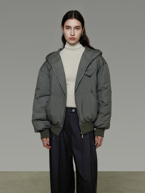 unspoken 90 White Duck Down Warm Loose Hooded Commuter Women Deep Gray Green Down Jackets