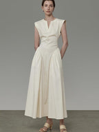 unspoken High Waist Colorblock V-neck Sleeveless Workwear A Line Cotton Maxi Dresses