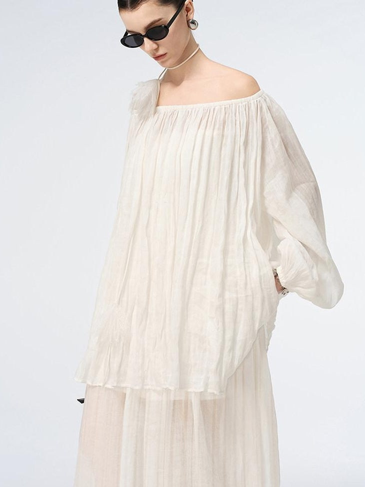audreyyang Linen Long Sleeve Vintage Loose Round Neck Dusty Rose Women Top & Skirt Sets