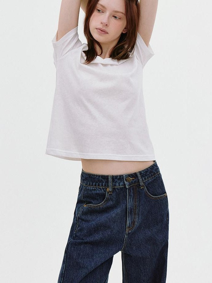 fano Deep Blue Natural Waist Relaxed Casual Zip Fly No Stretch Wide Leg Jeans