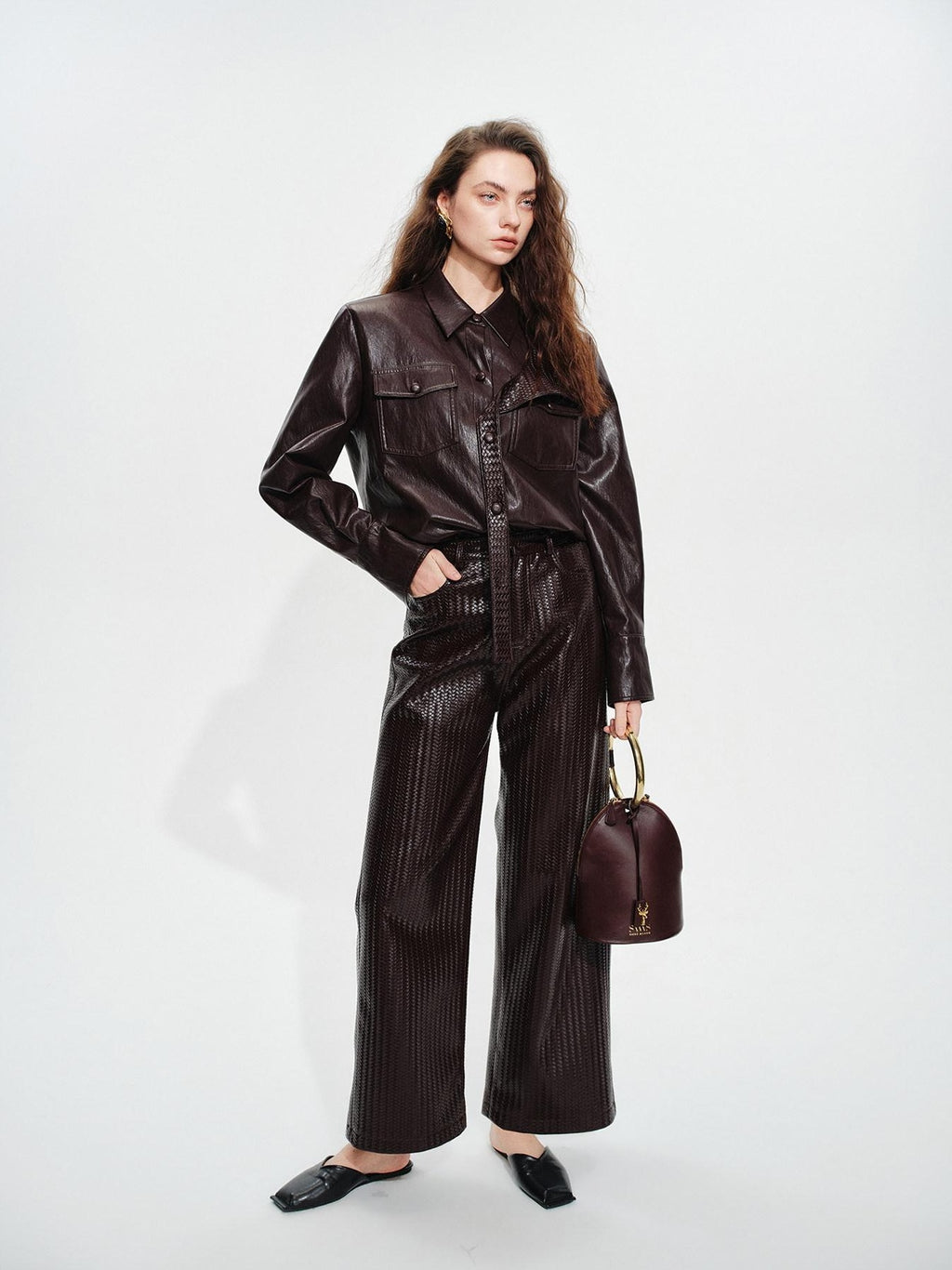 audreyyang Premium Pu Leather Lapel Long Sleeve Tailored Womens Black Wine Leather Jackets