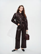 audreyyang Premium Pu Leather Lapel Long Sleeve Tailored Womens Black Wine Leather Jackets