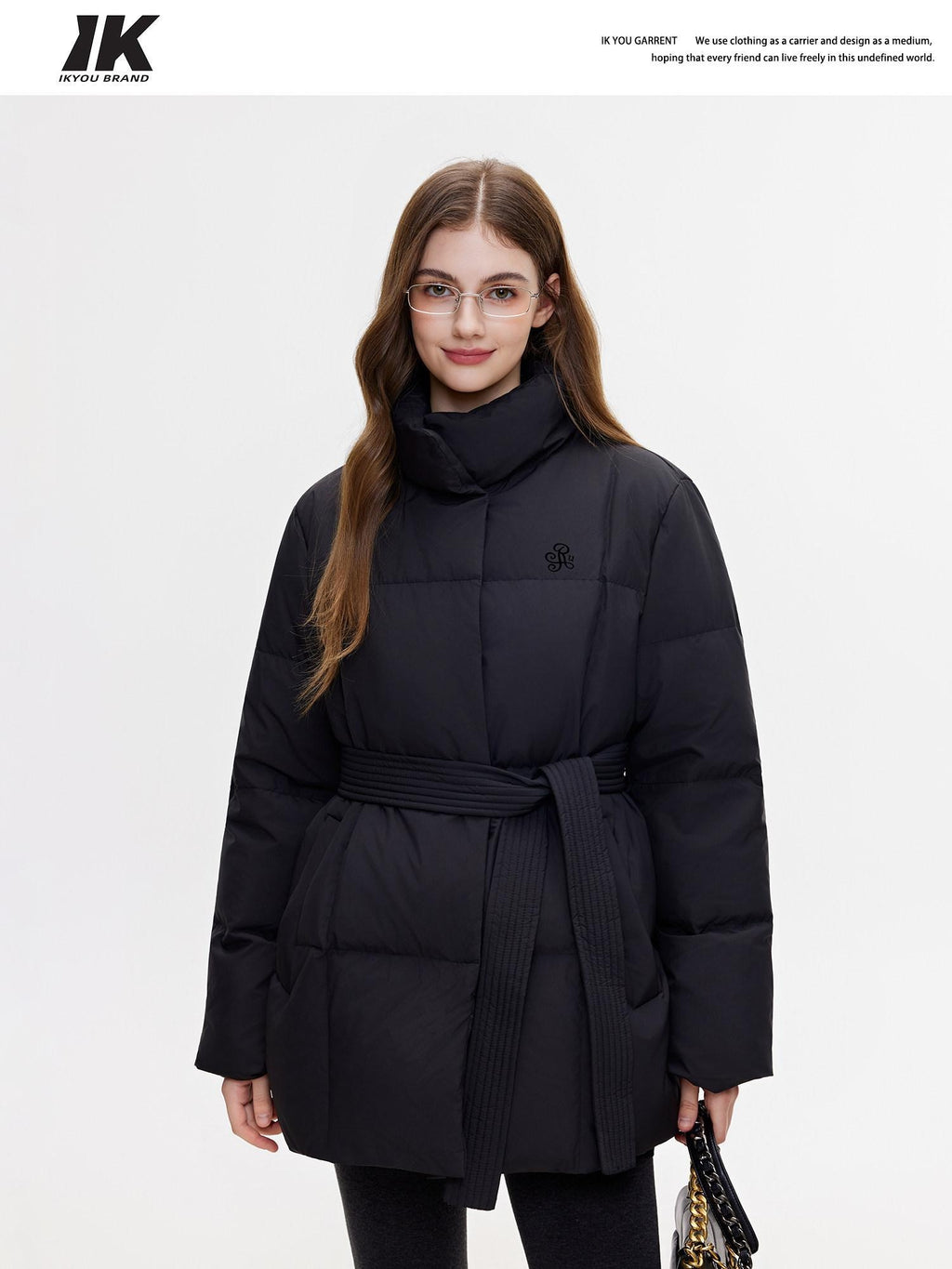 ikyou Insulated Embroidered Pocket Korean Loose Mid Length Stand Collar Puffer Jackets