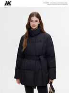 ikyou Insulated Embroidered Pocket Korean Loose Mid Length Stand Collar Puffer Jackets
