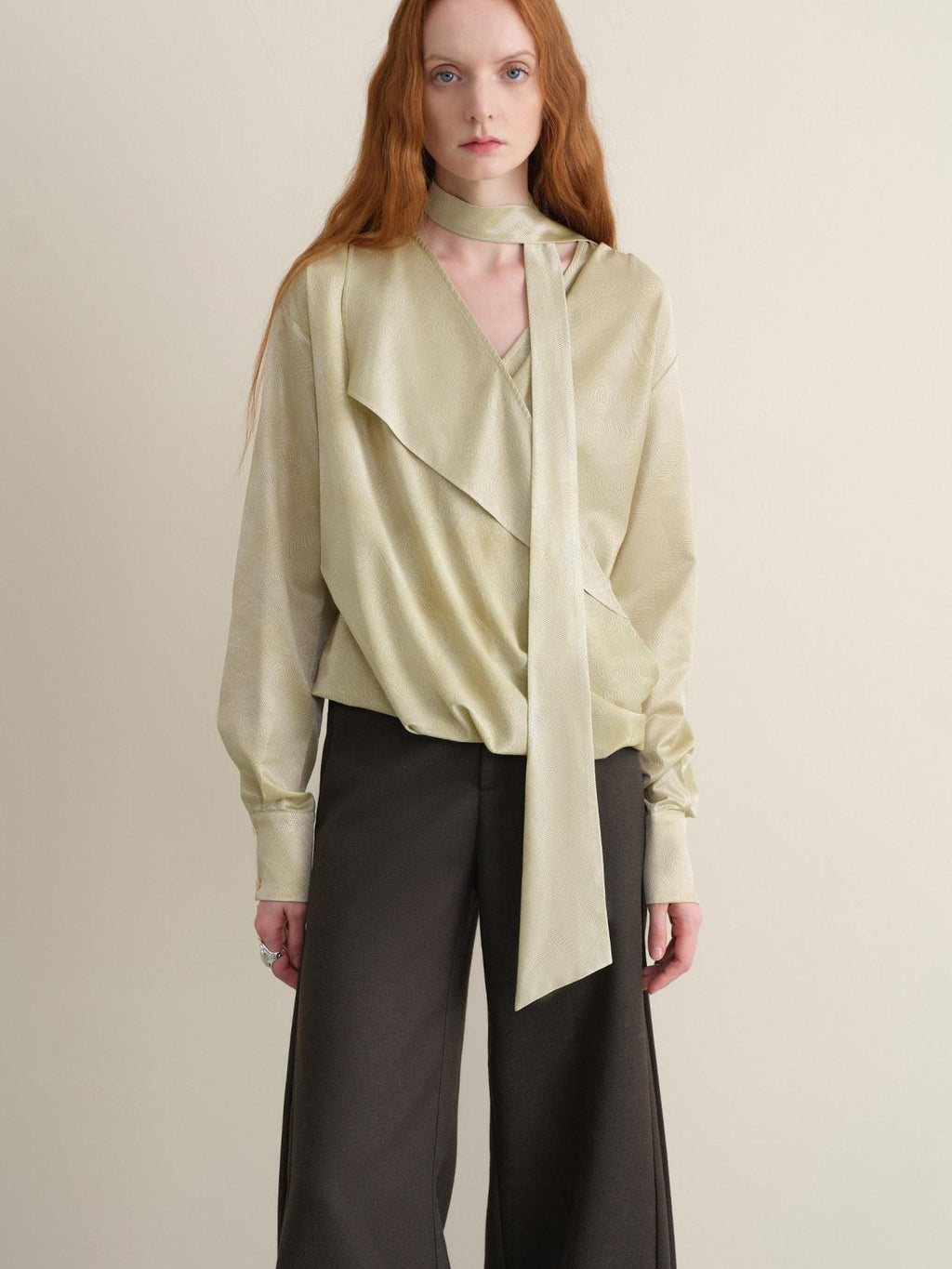 someonesometimes Breathable Casual Loose V-neck Tie Front Bell Sleeve Floral Cantaloupe Blouses
