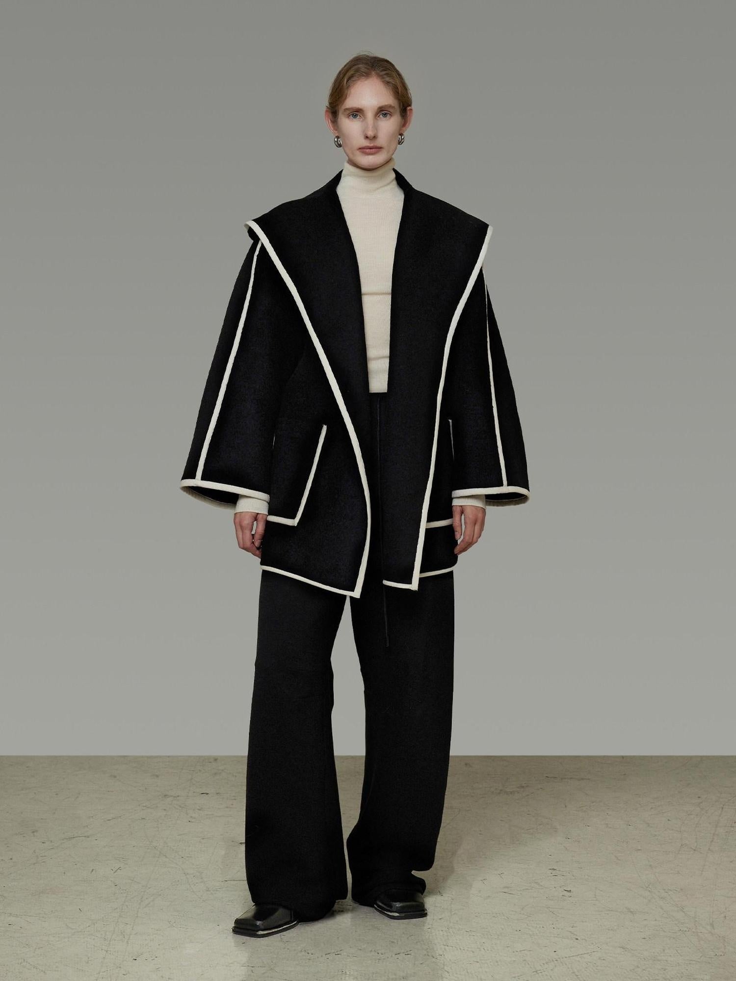 unspoken Premium Wool Alpaca Blend Straight Tailored Office Notch Lapel Black Wool Coats