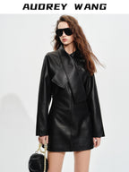 audreyyang Sheepskin Leather Cinched Waist French Tie Neck A Line Work Date Midi Dresses