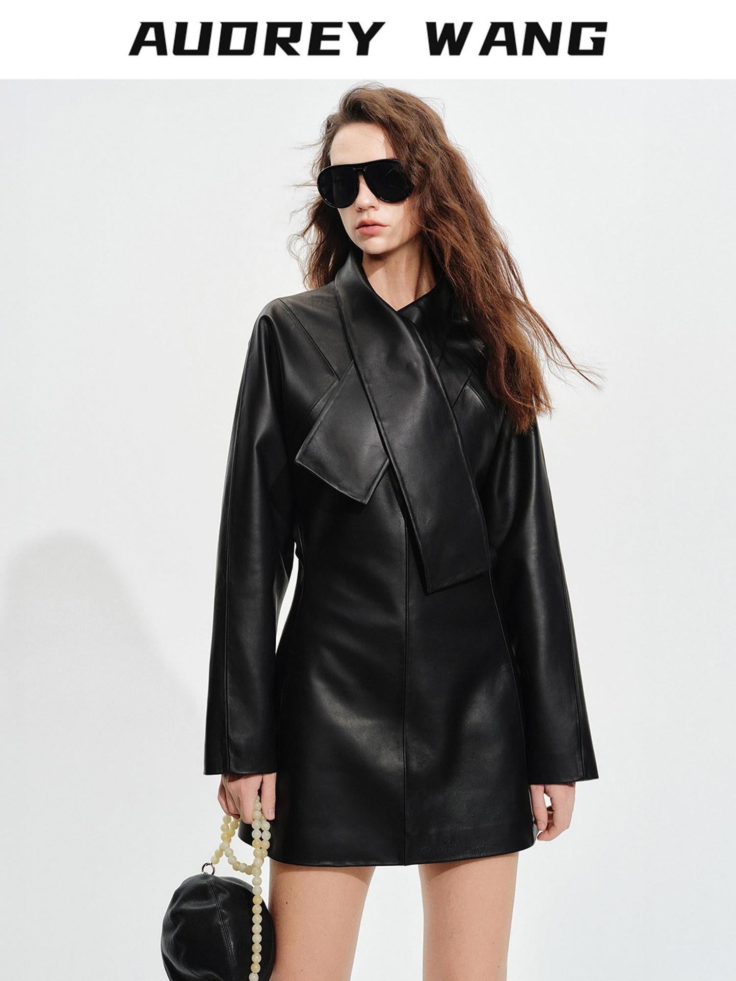 audreyyang Sheepskin Leather Cinched Waist French Tie Neck A Line Work Date Midi Dresses