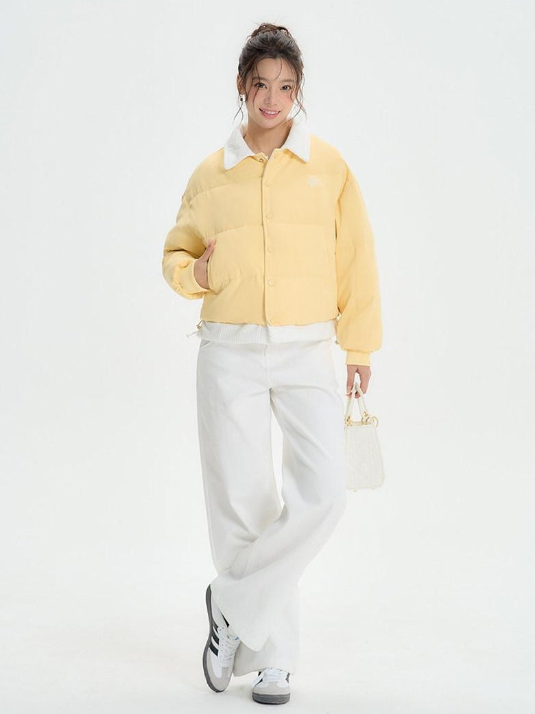ikyou Thick Embroidered Patchwork Minimal Straight Crop Polo Yellow Puffer Jackets