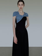 unspoken High Waist Colorblock V-neck A Line Viscose Knit Casual Women Maxi Dresses