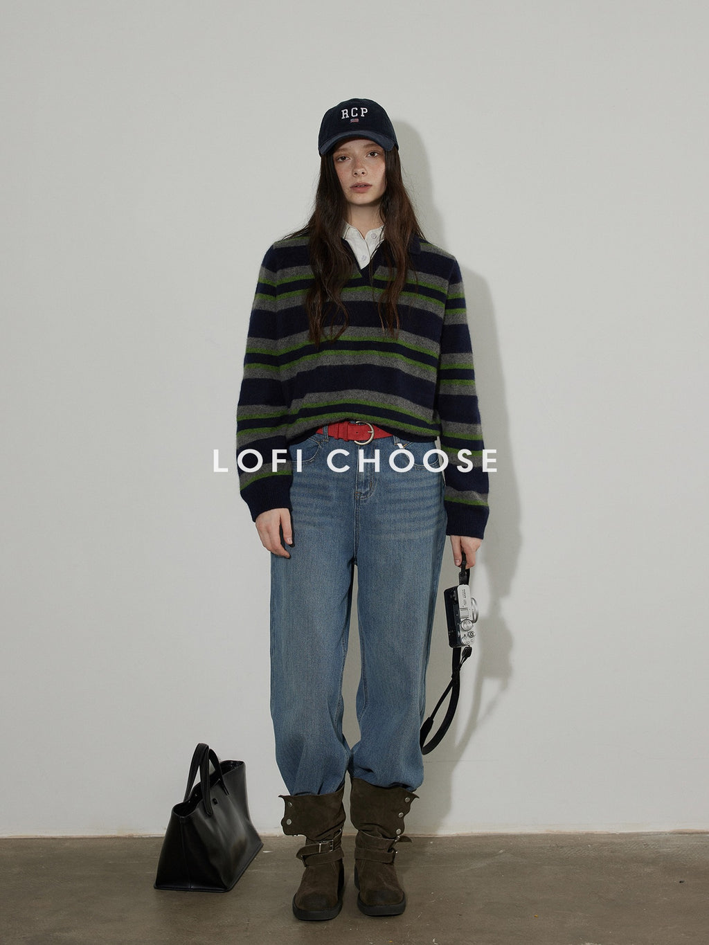 Lofi choose Soft Knitted Pullover Commuter Oversized Polo Collar Striped Women Sweaters