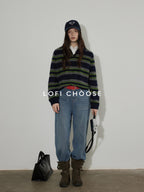 Lofi choose Soft Knitted Pullover Commuter Oversized Polo Collar Striped Women Sweaters