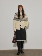 Lofi choose Soft Thick Knit Retro Geometric Button Front Round Neck Women Cream Cardigans