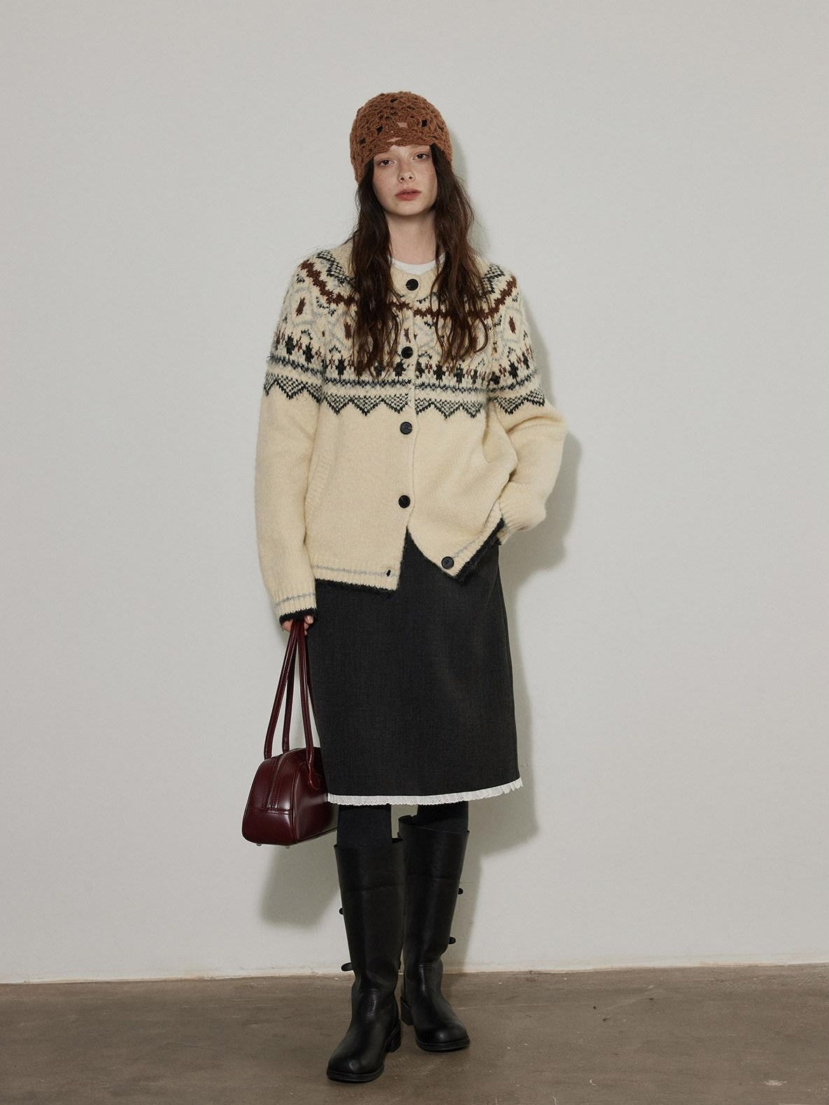 Lofi choose Soft Thick Knit Retro Geometric Button Front Round Neck Women Cream Cardigans