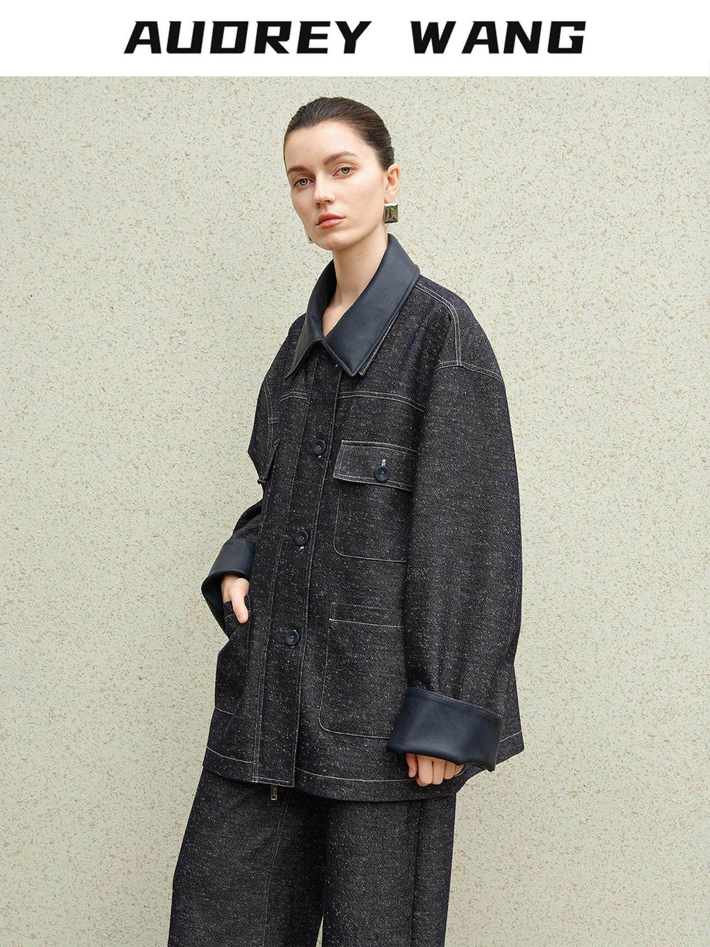audreyyang Original Design Loose Patchwork Topstitch Cotton Blend Women Denim Jackets