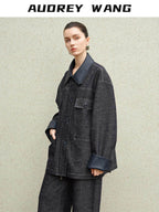 audreyyang Original Design Loose Patchwork Topstitch Cotton Blend Women Denim Jackets