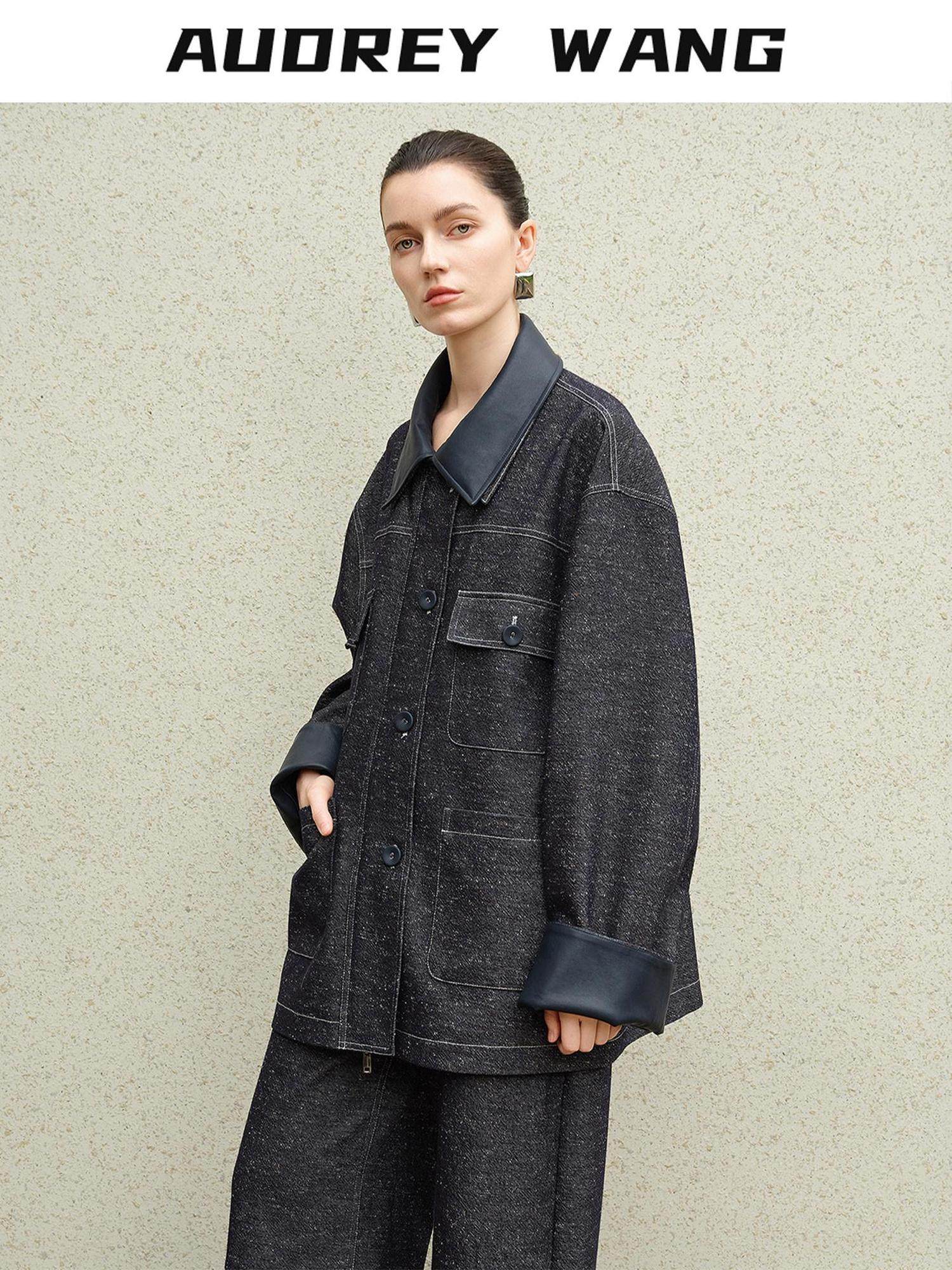 audreyyang Original Design Loose Patchwork Topstitch Cotton Blend Women Denim Jackets