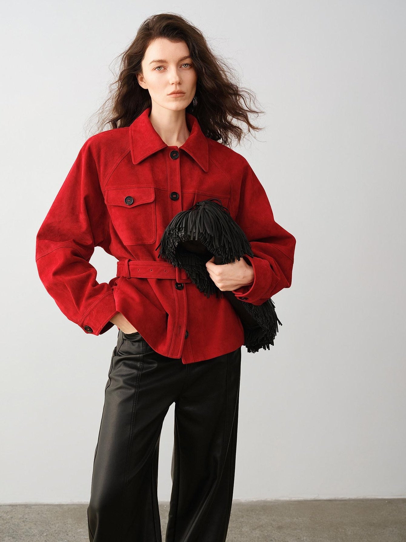 audreyyang Premium Lambskin Loose Fit Lapel Button Women Chinese Red Cropped Jackets