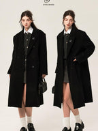 ikyou Wool Blend Double Breasted Straight Mid Length Office Tailored Black Long Coats