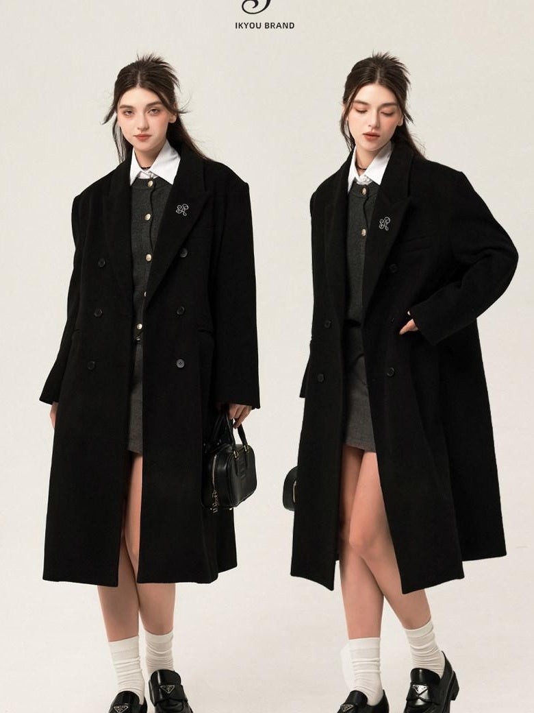 ikyou Wool Blend Double Breasted Straight Mid Length Office Tailored Black Long Coats